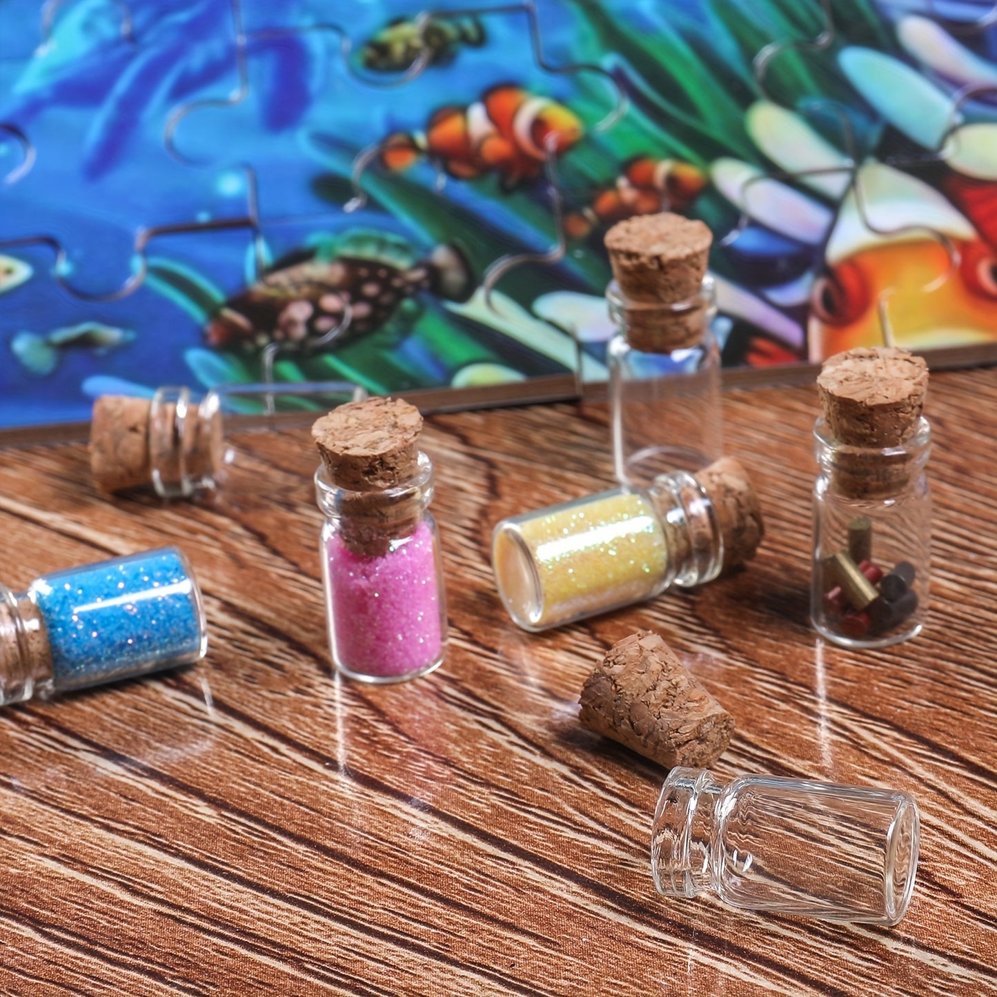 50 Mini Glass Jars 0.5ml for Nail Art Glitter & Spices, with Corks & Eye Screws, Reusable & High-Quality