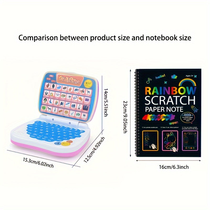 Mini laptop toy for kids - Educational and entertaining puzzle pad, easily portable, battery-free, available in pink or blue.