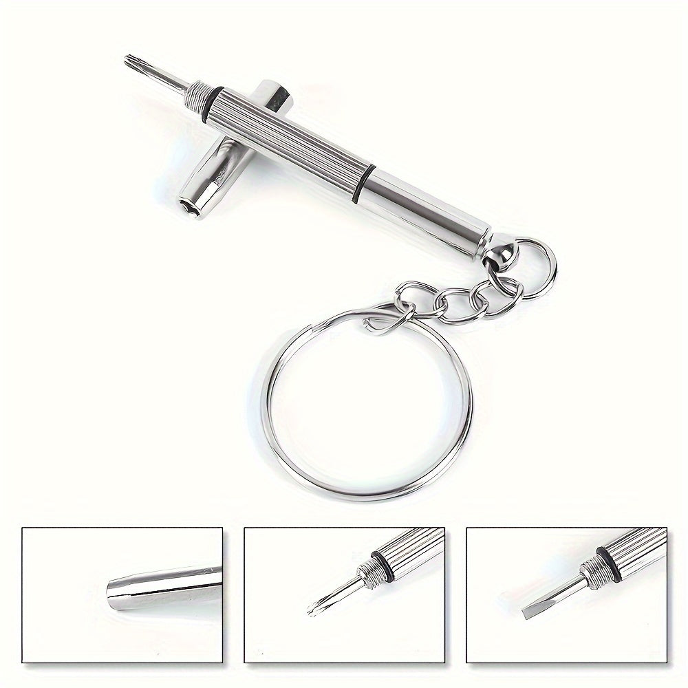 Steel glasses screwdriver set with keychain, precision hand tools for watch and eyeglass repair.