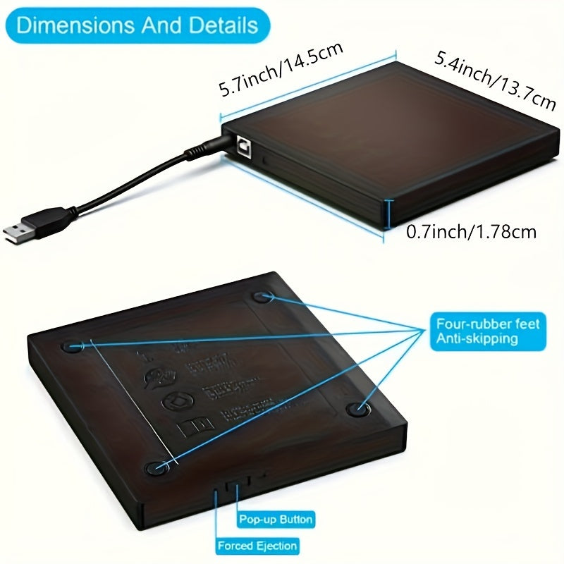 Plug & play USB external CD/DVD drive for laptops, slim and shockproof with quiet operation. DVD-RW/CD-RW reader/writer, compatible with Windows/Mac OS. No battery required for PC.