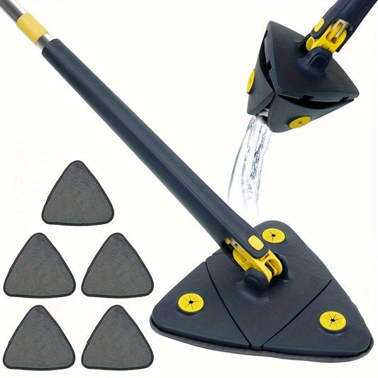 Triangle Mop Set includes 6 pieces and comes with 5 Microfiber Pads. It is perfect for both wet and dry cleaning, allowing for hands-free operation when cleaning walls, ceilings, and glass. The mop set features a stainless steel handle and is ideal for