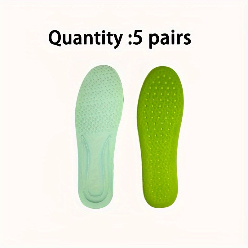 5 pairs of arch support insoles with advanced technology for comfort, breathability, and shock absorption.