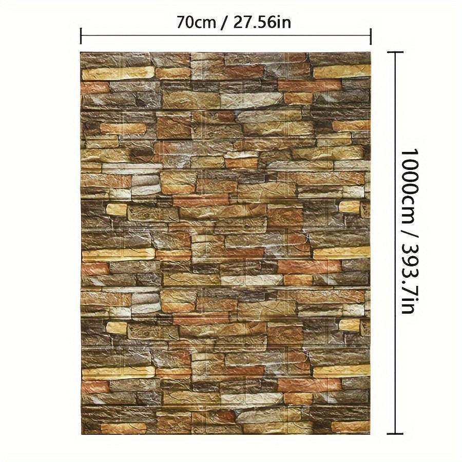 1 self-adhesive 3D foam wallpaper roll with retro brick pattern that is waterproof and oilproof, suitable for DIY furniture refurbishment in living rooms, kitchens, and bedrooms.