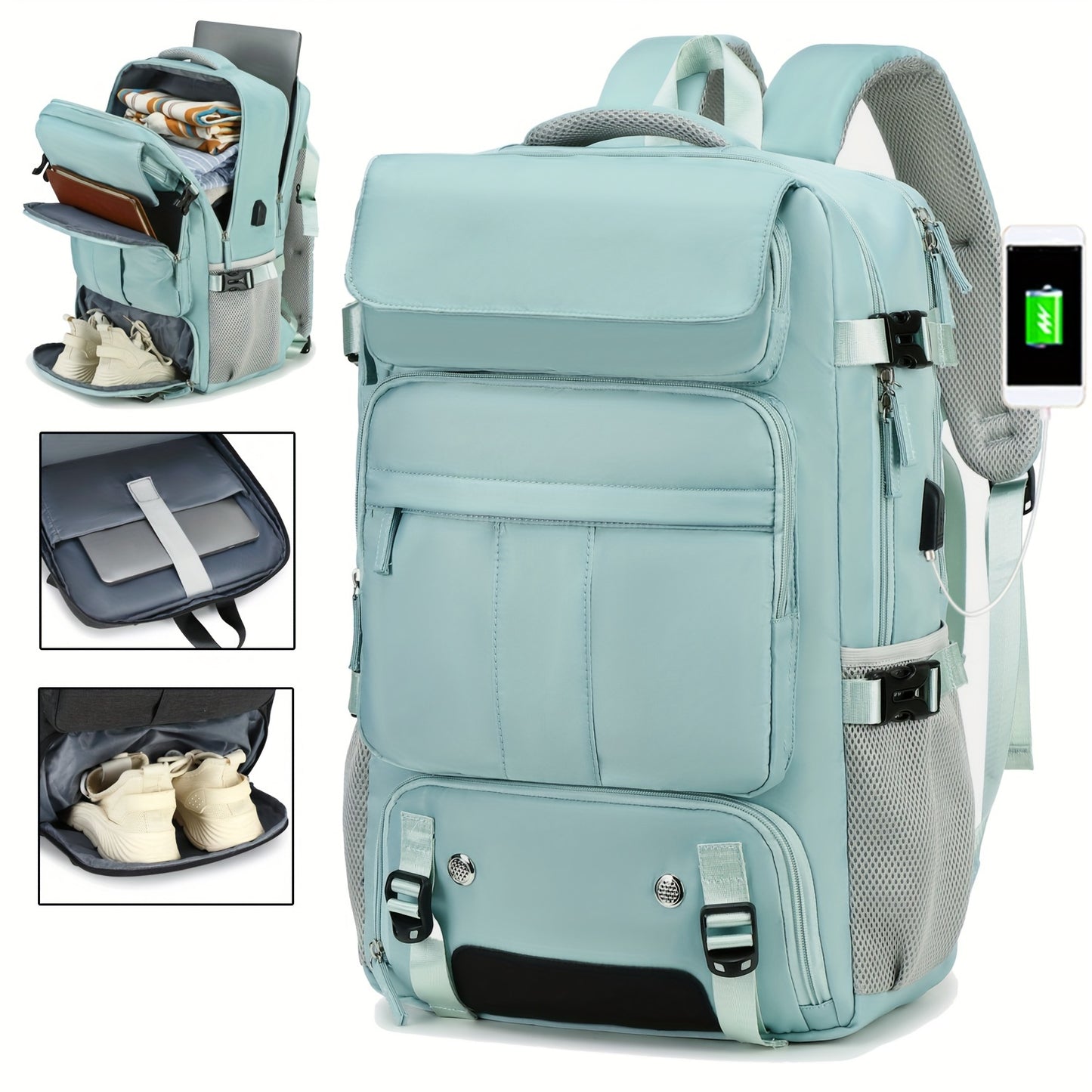 Spacious travel laptop backpack with USB port, shoe compartment, and 15.6-inch laptop sleeve. Suitable for college, business, and school seasons. Made of polyester with adjustable straps