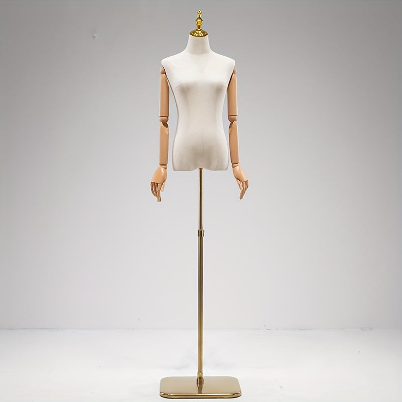 White mannequin with iron base, full body dress form with plastic arms - perfect for clothing display and wedding dress showcase.