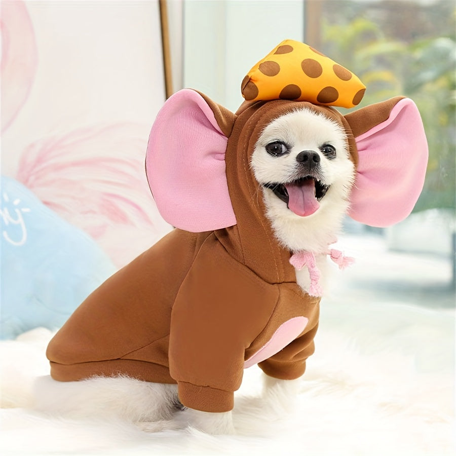 Warm winter pet hoodie with mouse theme, hand-washable polyester, ideal for small to medium breeds.