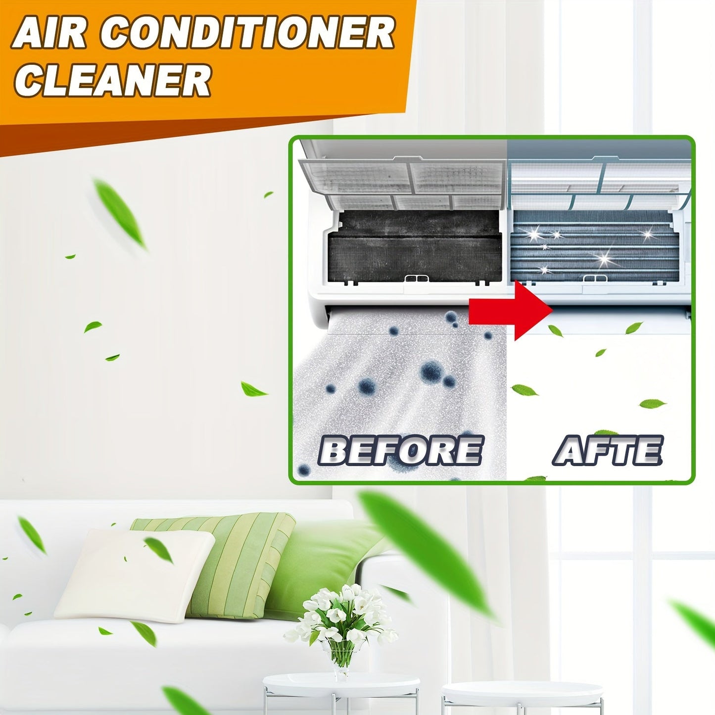 Household air conditioning and cabinet cleaner featuring a no-residue liquid formula infused with Limonene for effective decontamination and deodorization. Ideal for cleaning and creating bubble-based freshness.