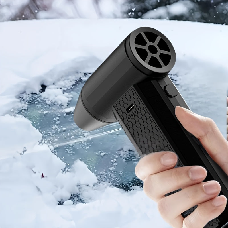 Introducing the JKUOO Turbo Snow Blower Fan - a high-speed cordless handheld blower with a 130000rpm motor and 8000mAh lithium battery. This 3-speed adjustable blower is made of durable painted plastic, perfect for car snow removal, school playgrounds