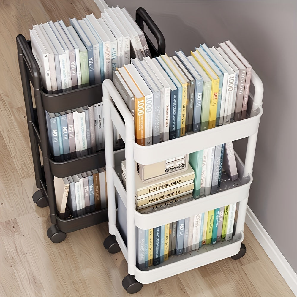 The versatile White & Black Plastic Rolling Storage Cart features a 3-tier design, perfect for organizing your kitchen, bathroom, or bedroom. With convenient wheels for easy mobility, this cart requires no assembly and makes a perfect Christmas gift.