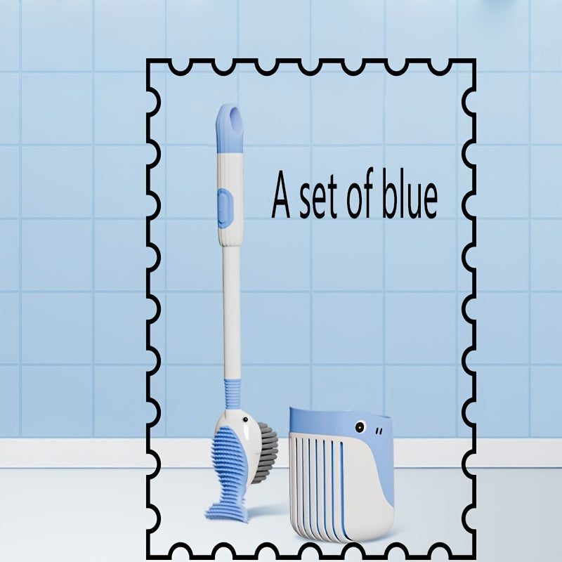 Whale-Shaped Toilet Brush Set with Holder, Suction Cup Base, and Self-Dispensing Cleaning Solution - Features Silicone Bristles, Press-Type Liquid Release, and Reusable Plastic Handle. Suitable for Bathroom, Toilet, Kitchen, and Patio Use with No Power