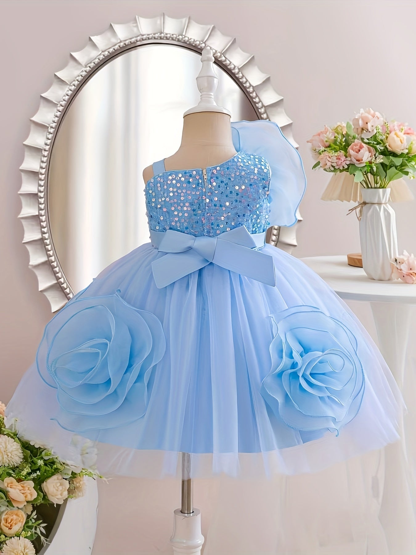 Elegant Flower Decor Sleeveless Mesh Dress for Baby Girls, Ideal for Formal Occasions and Parties.