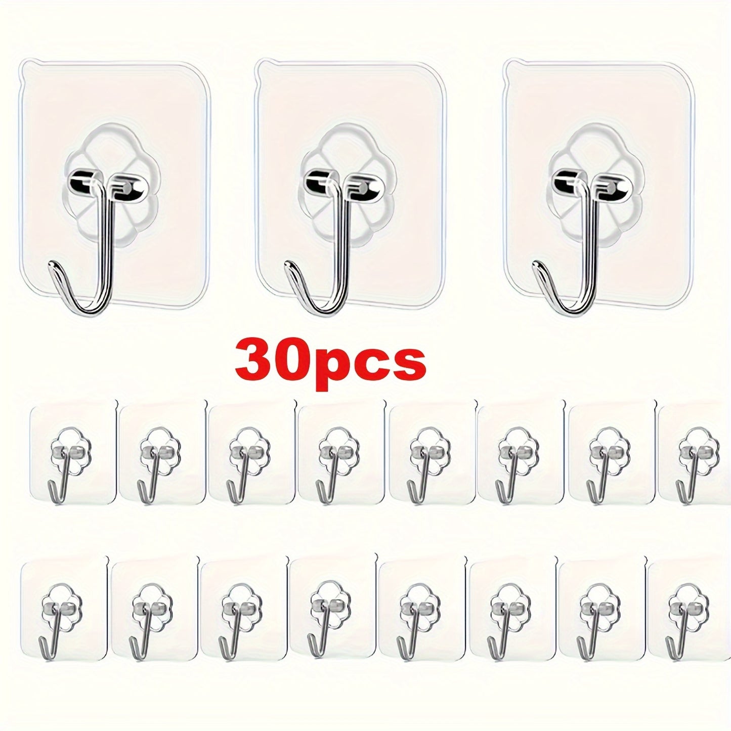 30 transparent adhesive hooks for picture frames and tiles with strong hold on multiple surfaces, no nails or damage.