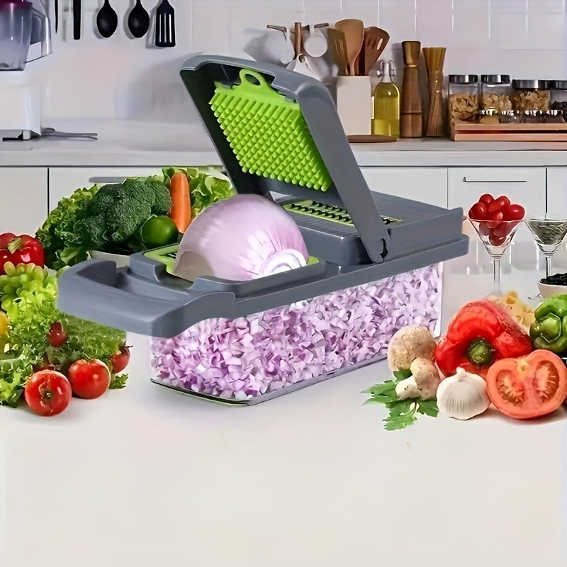 Set of 22 pieces, including a vegetable chopper, multifunctional fruit slicer, manual food grater, vegetable slicer, cutter with container, onion mincer chopper, household potato shredder, peeler, and various kitchen gadgets. Perfect for dorm essentials