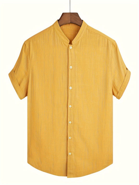 Plus size men's casual cotton shirt with Mandarin collar, short sleeve, solid color, and button detail. Made from 100% cotton in a non-stretch woven fabric. Regular fit for a summer beach