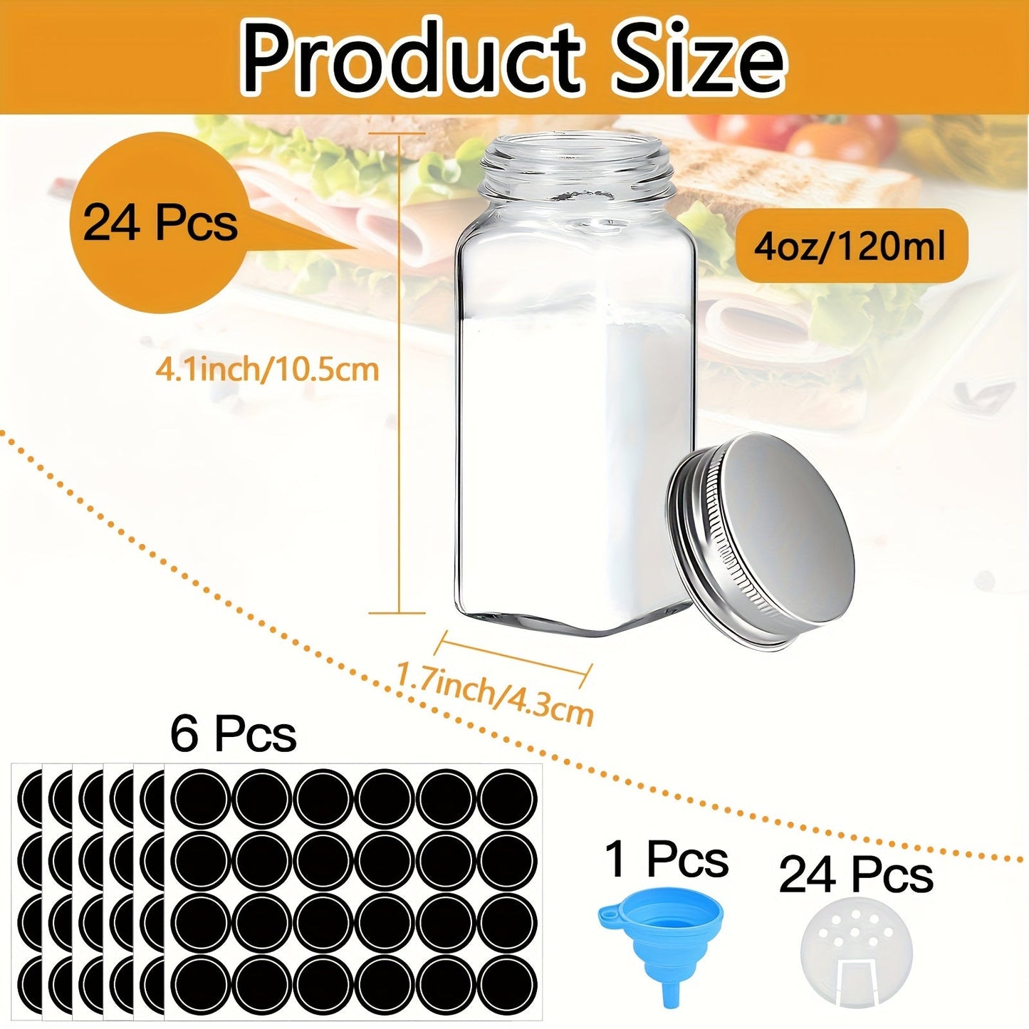 Complete your kitchen with our 24-piece Glass Spice Jar Set, featuring Aluminum Lids. Each 4oz Square Container is perfect for storing seasonings, salt, pepper, and more. Includes Labels, Collapsible Funnel, and Brush to keep your spices organized and