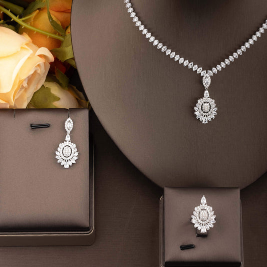 Exquisite Set of Inlaid Cubic Zirconia Pendant Necklace, Earrings, and Ring for Women, Perfect for Banquets