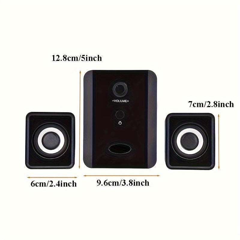 USB-powered desktop speakers with adjustable volume and bass, portable soundbar and subwoofer combo for PC, laptop, and tablet, stylish stereo audio for home cinema in black or white.