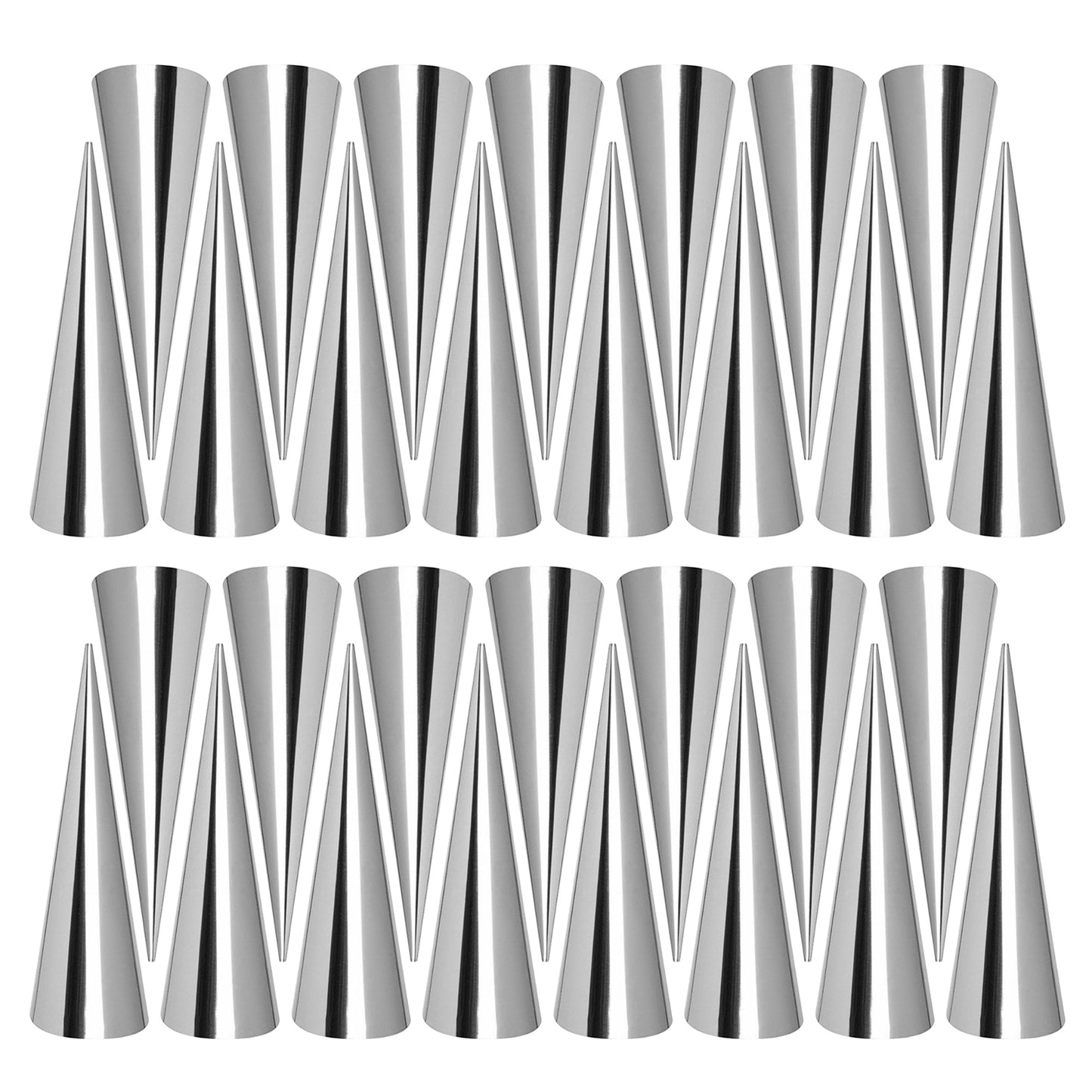 Set of 30 stainless steel cone-shaped molds for making croissants, cannolis, cream rolls, puffs, waffle cones, and more baking supplies and kitchen gadgets.