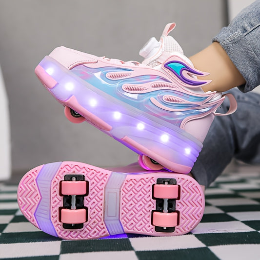 2024 Unisex Kids LED Roller Skates with Dual Wheels, Retractable, Abrasion Resistant, for Ages 14 and Under, All-Season Outdoor Roller Skating Shoes.