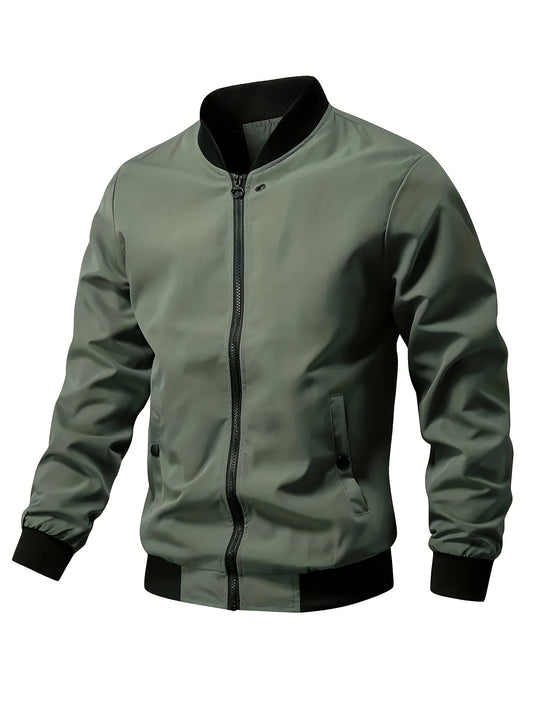 Men's bomber jacket with stand collar, solid color, non-stretch woven acetate, polyester lined, zip-up, lightweight outerwear for spring/fall.