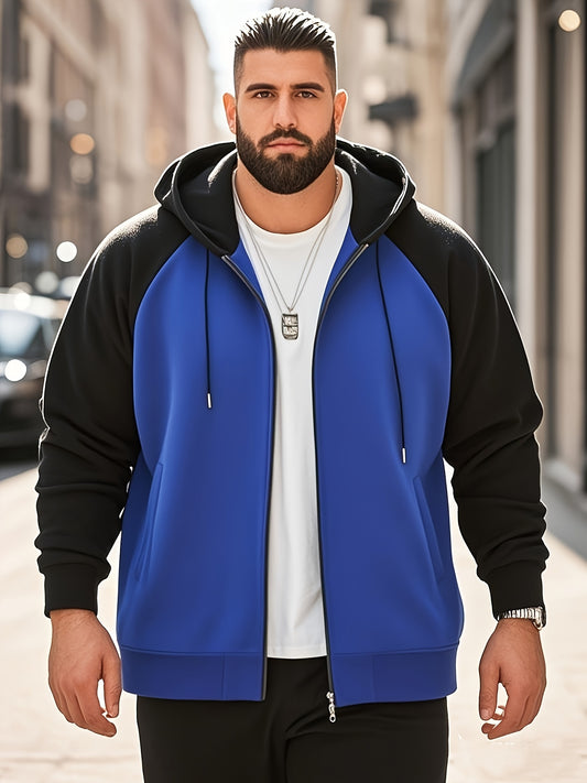 Men's Plus Size Hooded Jacket in Contrast Colors for Spring, Fall, Winter