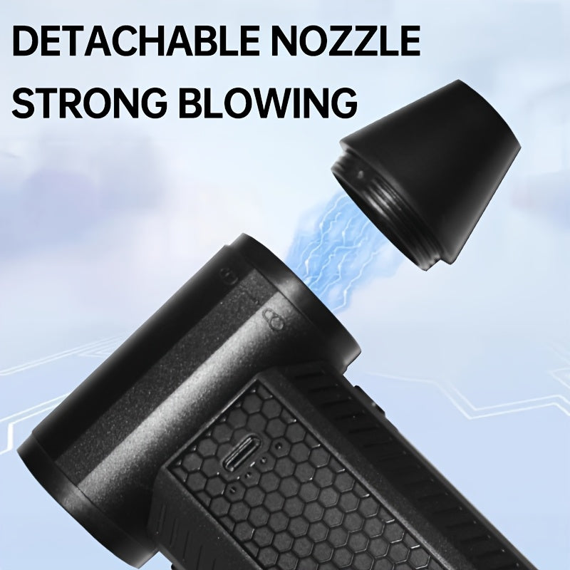 200000 RPM brushless motor bilan yangilangan kichik fan, qo'lga olinadigan va portativ dizayn, USB zaryadlash, 8000mAh lityum batareya, ABS material, 4 tezlikli kalit, chang uchun ko'p maqsadli ochiq foydalanish.