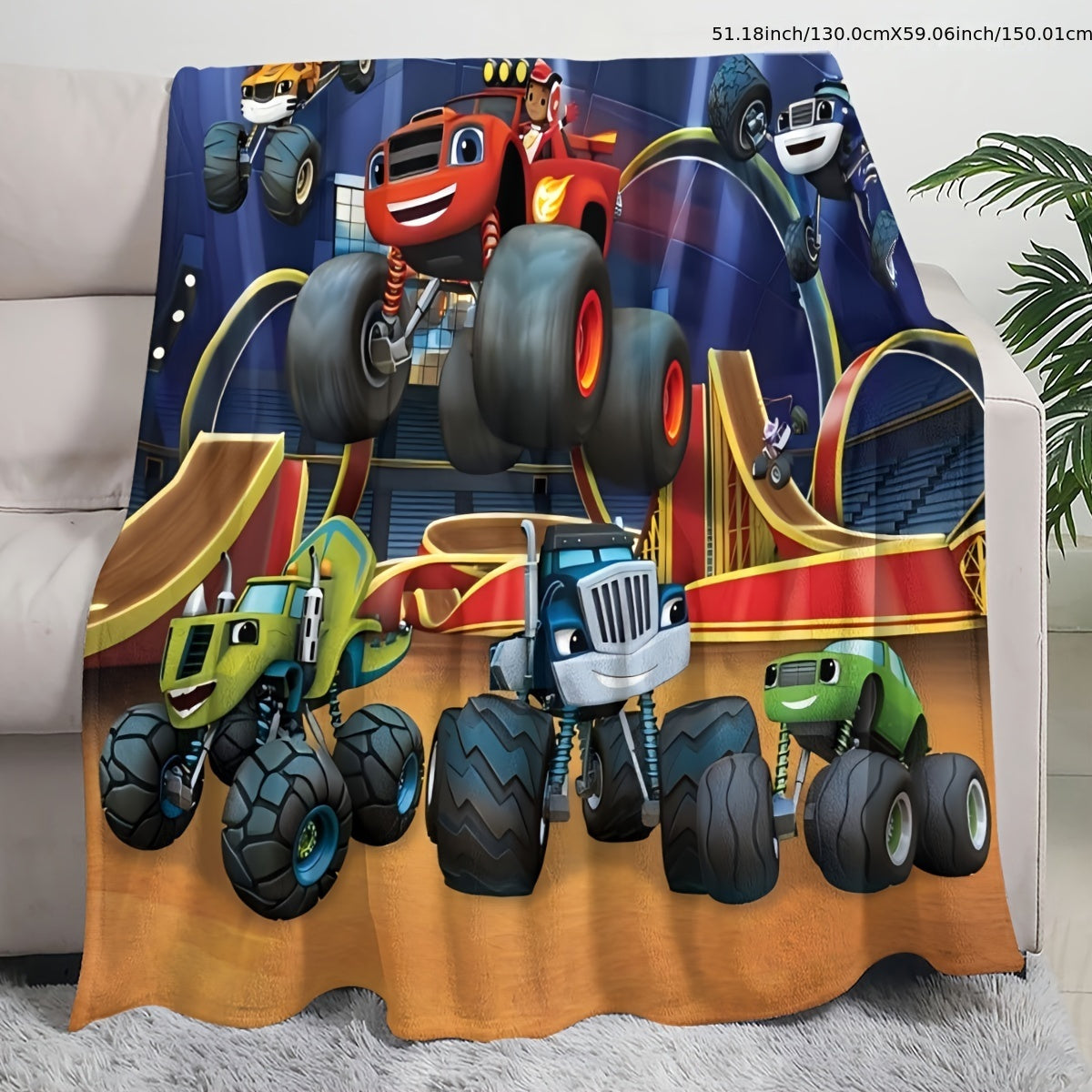 Monster Truck Flannel Fleece Throw Blanket - Featuring Cartoon Design, Suitable for All Seasons, Hypoallergenic, Easy to Clean, Polyester Material, Modern Style, Versatile Bedding for Bedroom, Living Room, or Couch