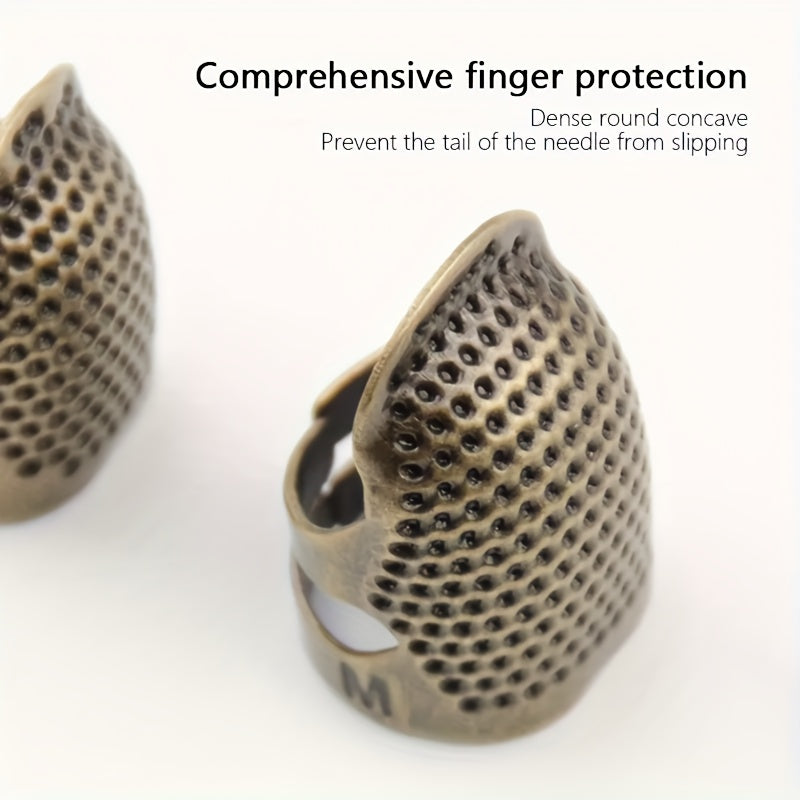 Handmade copper finish thimble with adjustable size, anti-slip finger cap for sewing.