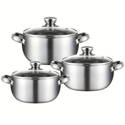 7-Piece Induction Compatible Stainless Steel Cookware Set with Glass Lids, Ergonomic Handles, Includes 3 Stockpots, Ladle, Ideal for Soup, Stew, and Cooking. Dishwasher Safe and Comes with a Bonus Essential Kitchen Gift.