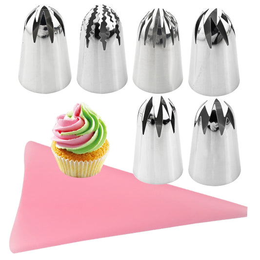 Six pieces of extra large pipping tips (3.68cm) made of stainless steel for decorating cakes, cupcakes, cookies, and pastries. Includes a free pipping bag. Ideal for baking and handy kitchen accessories.