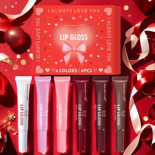 6pc set of MISS FACTORX Lip Gloss with Hyaluronic Acid for hydrating, long-lasting moisture and brightness, ideal for Valentine's Day and New Year's gift.