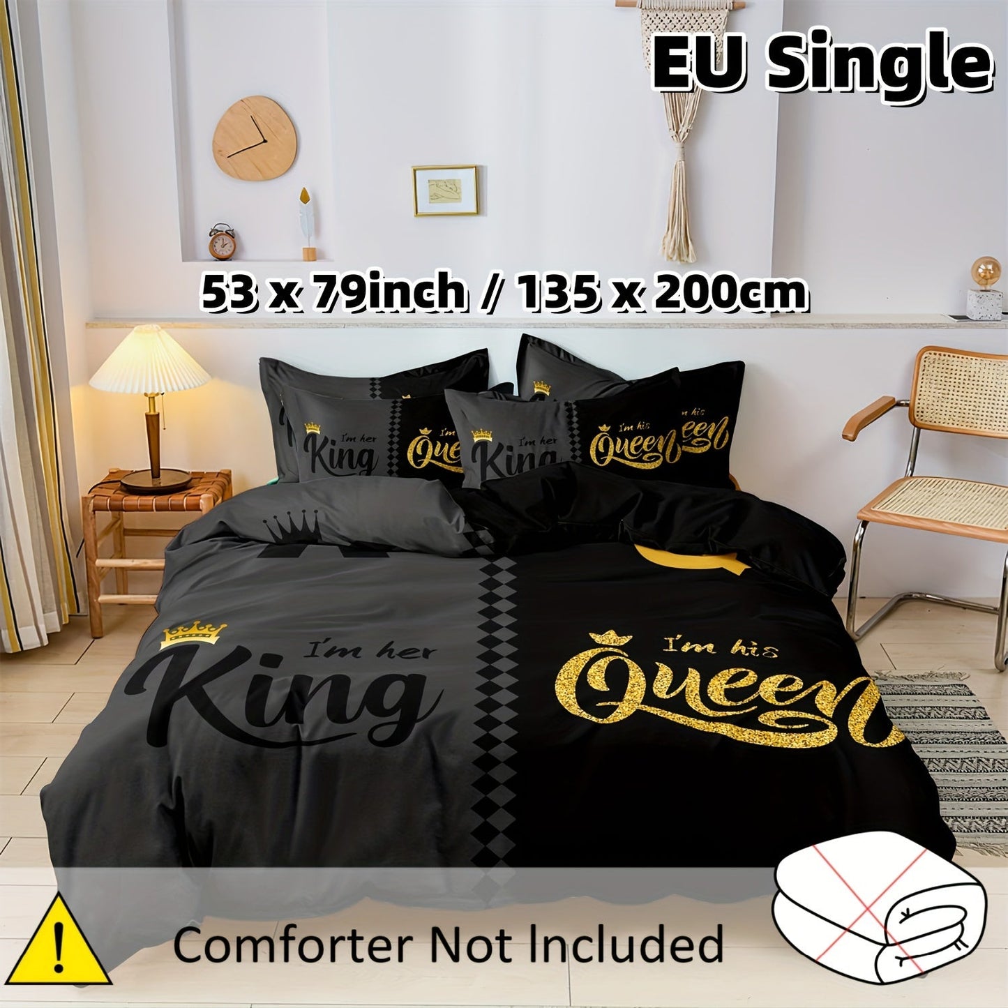 Valentine's Day Queen & King Crown Design Duvet Cover Set - 3 Piece Set, Printed Crown Design, Soft Polyester, Breathable, Machine Washable - Includes 1 Duvet Cover & 2 Pillowcases (Insert Not Included)