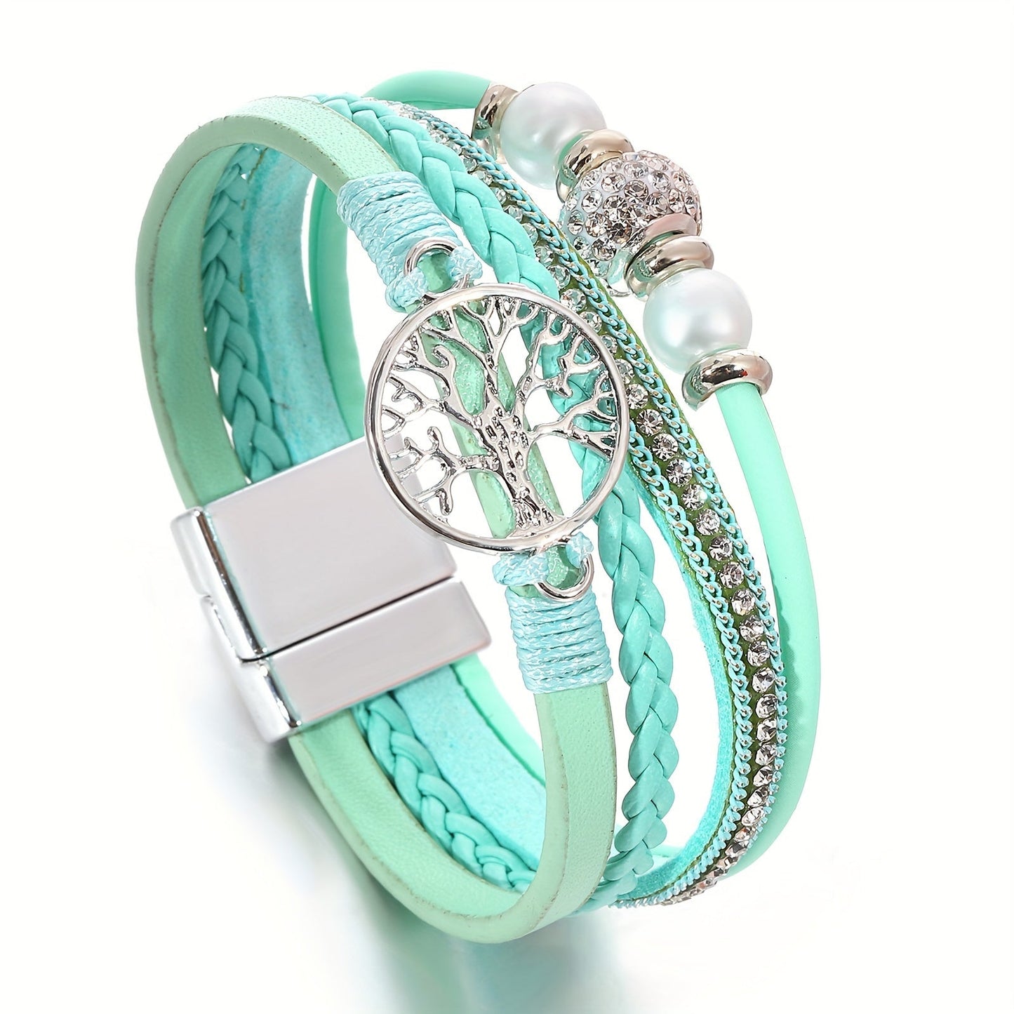 Chic Multi-Layer Faux Leather Wristband with Tree of Life Charm and Sparkling Rhinestones, Perfect for Everyday Wear or as a Thoughtful Birthday/Friendship Gift - Set of One