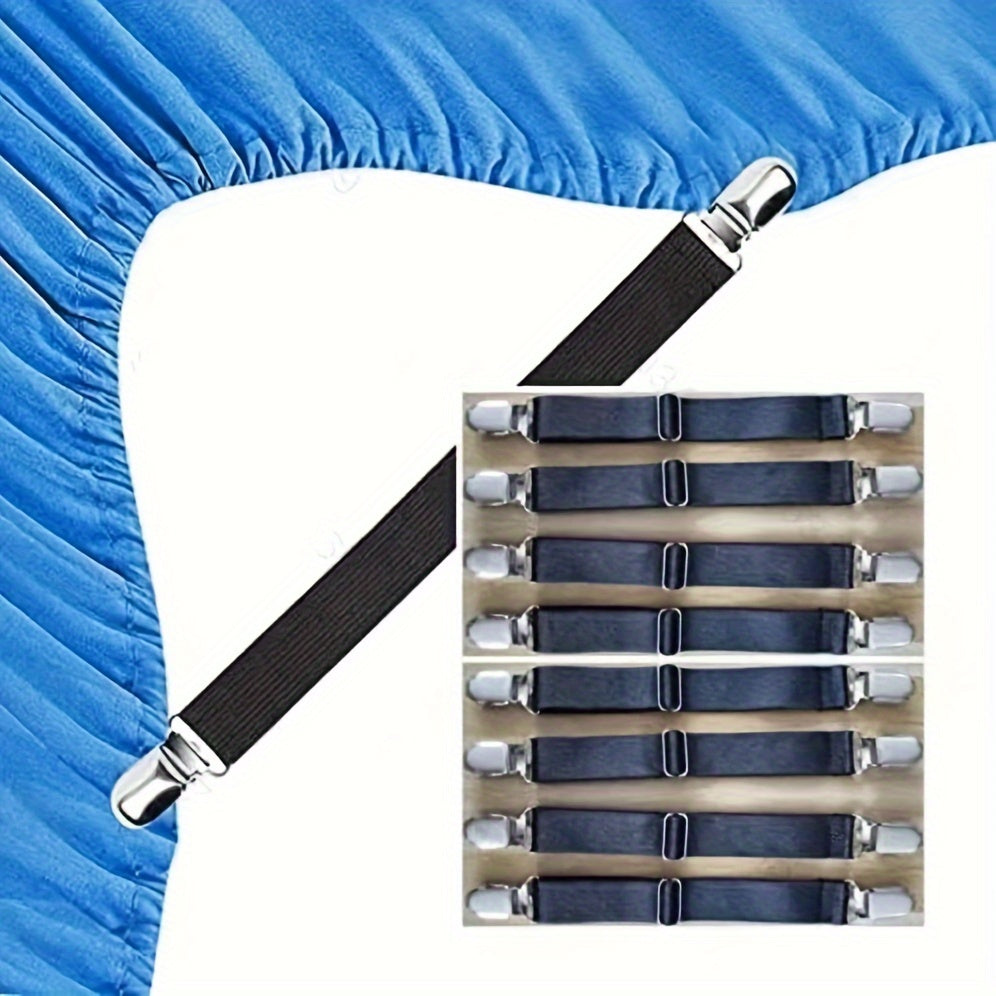 This pack includes 2 adjustable bed sheet holder straps made of knitted elastic material. These hand wash only mattress sheet clips feature heavy duty grippers to securely fasten your bedding.