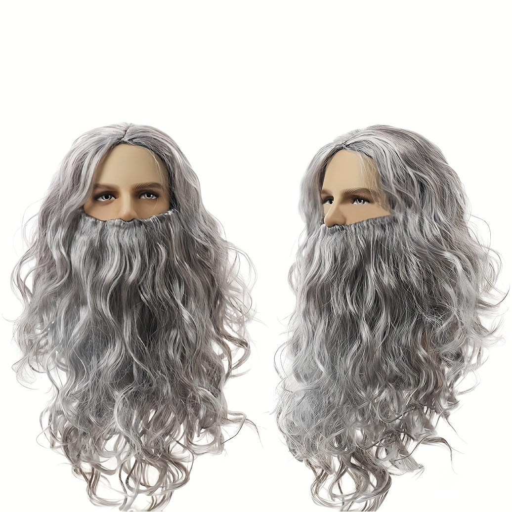 King Wig Cosplay Wig for Men, Long Grey Wavy Beard Wig, Synthetic and Heat-Resistant, Perfect for Halloween, Cosplay, Christmas Party