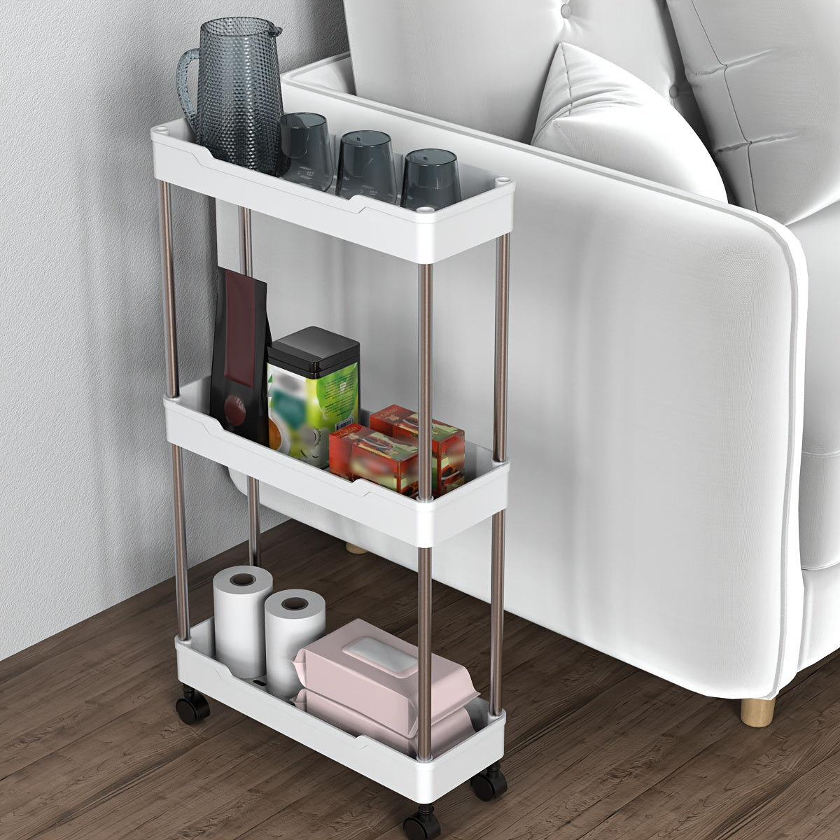 Slim rolling storage cart for narrow spaces, ideal for bathroom, kitchen, laundry room. Affordable option.