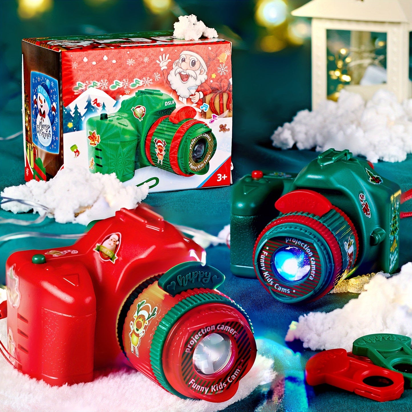 Christmas Projector Camera Toy for Kids - Green ABS Plastic Photo Lamp, Battery-Powered, Ideal for Halloween and Holiday Presents.