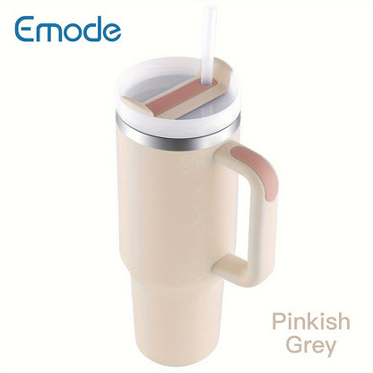 Stainless steel tumbler with lid and handle, ideal for summer drinks.