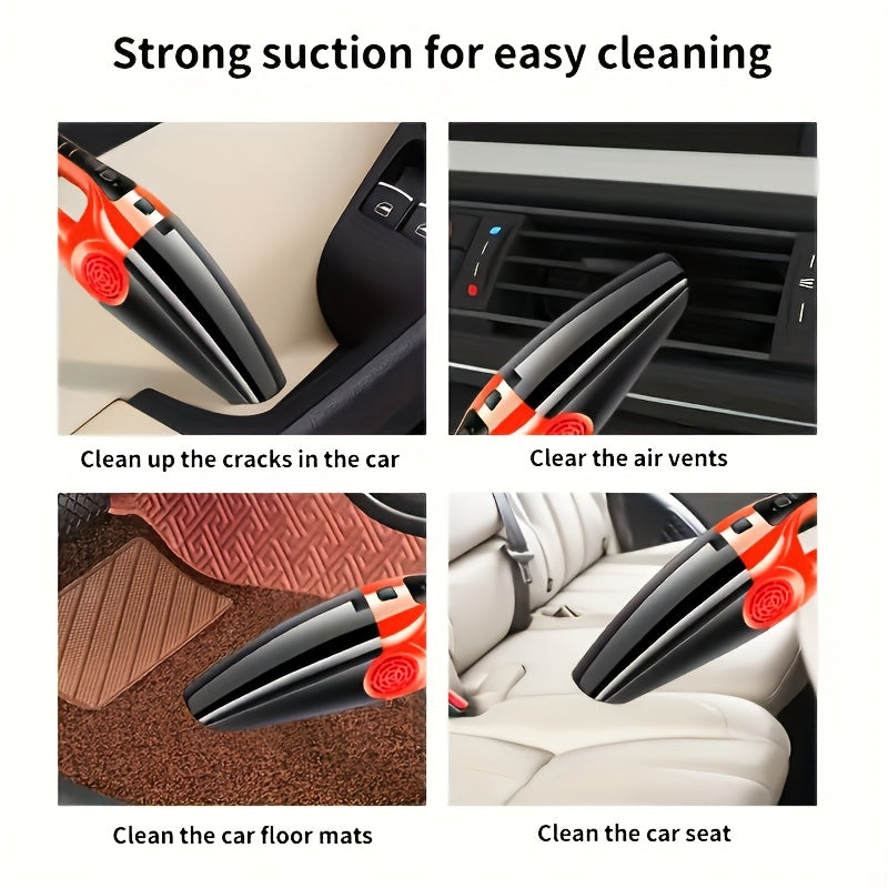 High-power car vacuum cleaner for wet/dry use in mini vehicles. Features ABS resin construction, one-click dusting, 50dB quiet operation, 0.4L dust cup, 5-5m cord, and car plug. No battery