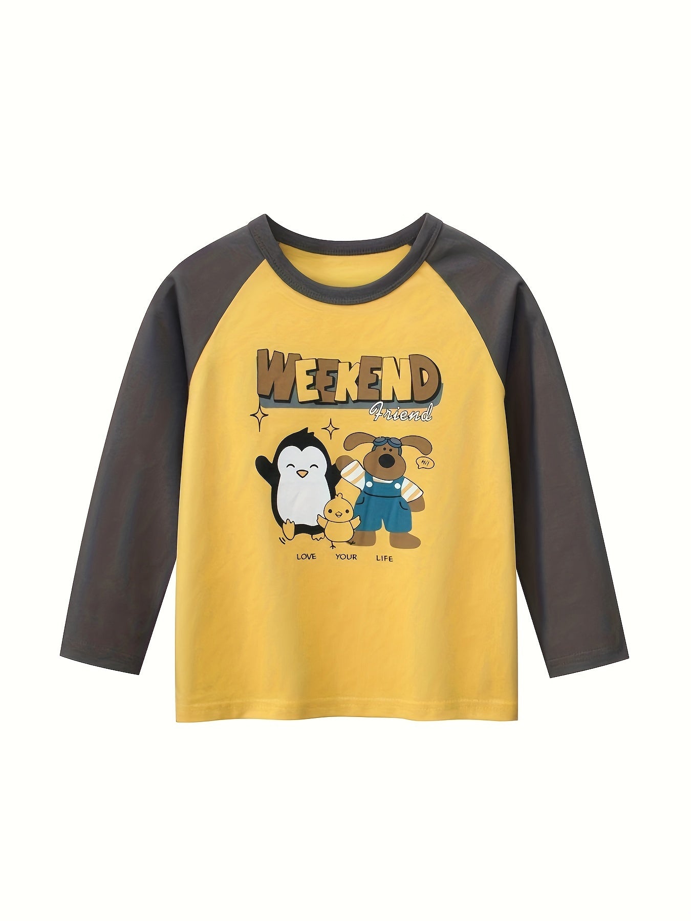 4 boys' long sleeve cotton t-shirts with cartoon graphics in yellow, green, blue & orange. Ideal for spring & fall casual wear. Made of cotton knit fabric.