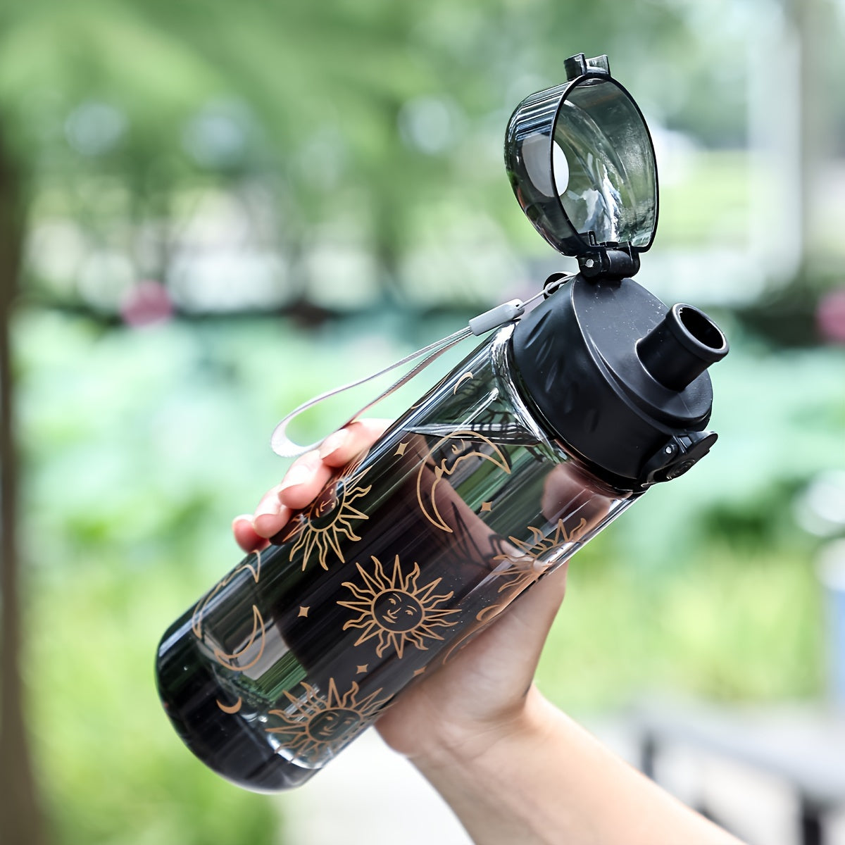 18.6oz water bottle with celestial design, portable and durable PC plastic, high-quality, PVC-free, black lid, white strap - ideal Valentine's gift