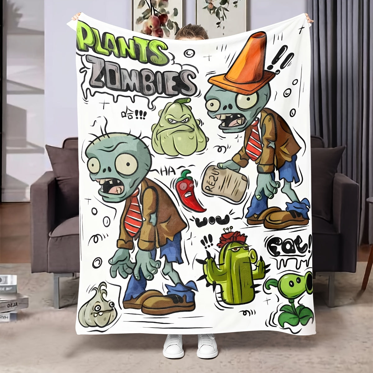 Soft, warm, and cozy flannel throw blanket featuring a versatile plant and zombie design - ideal for couches, beds, offices, and travel. Makes a perfect gift idea.