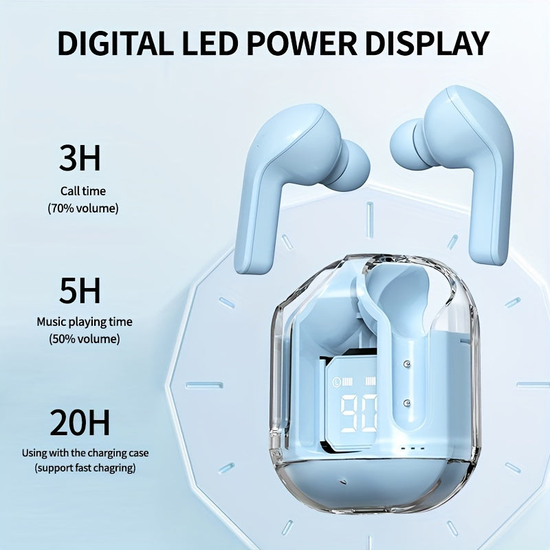 1 pair of transparent TWS wireless earbuds with LED power display, volume control, condenser mic, and rechargeable lithium polymer battery. Compatible with smartphones, with Type-C