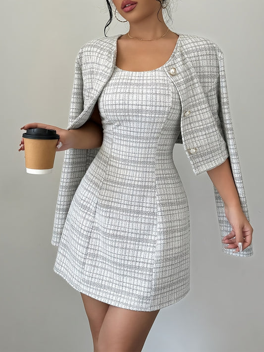 Women's elegant plaid dress suit with A-line mini dress and buttoned jacket, made of polyester. Crew neck, woven fabric, suitable for all seasons.