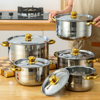 Set of 10 Stainless Steel Pots with Large Capacity, Easy to Clean, Multiple Sizes, Versatile Uses, Includes All-Steel Pot Covers with Heat-Resistant Golden Handles.