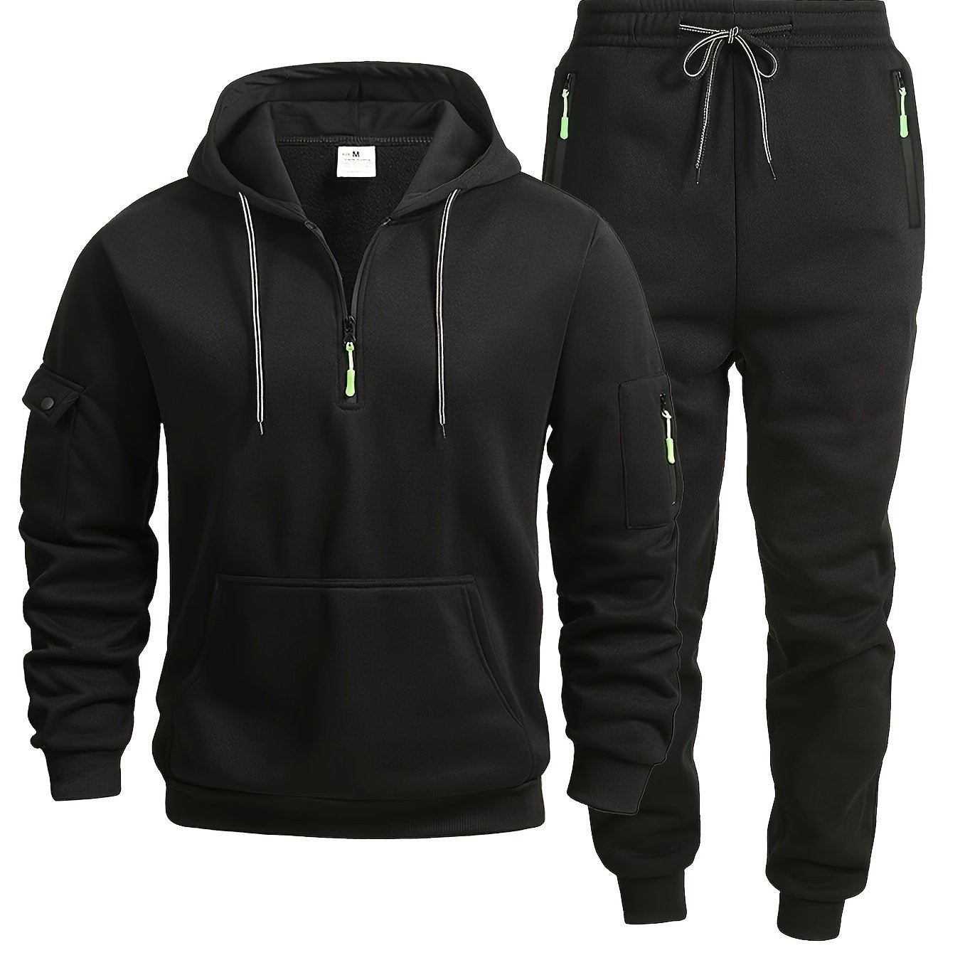 2pcs Men's Casual Sports Sweatsuit Set with hooded pullover and joggers in solid color, slight stretch, lightweight with pockets. Suitable for hiking, running, and sports activities, for