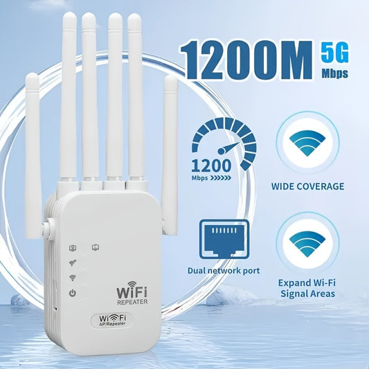 OEKE Signal Booster supports WIFI6 with up to 1200Mbps speed, has six powerful signal antennas, AP mode, Ethernet port, and European standard plug.