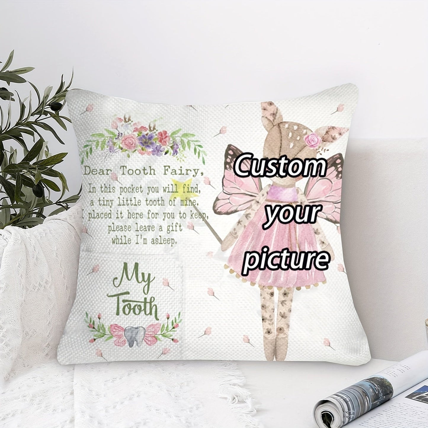 Personalized Tooth Fairy Pillow - Soft Short Plush Single-Sided Pillowcase with Pocket (45.72x45.72 cm) - Customize with Photo and Name - Made of Polyester Material for Home Decor - Perfect for Ages 14+ (1PC, Cover Only)