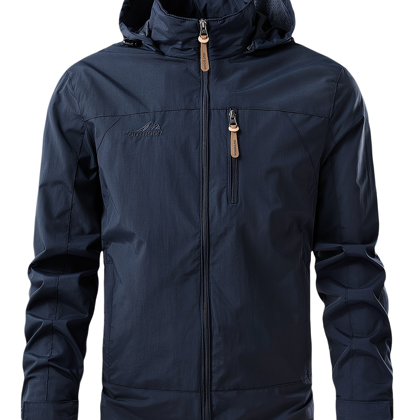 Men's waterproof, windproof jacket with embroidered design, multiple pockets, crew neck, regular sleeves, zipper placket, made of 100% polyester nylon.