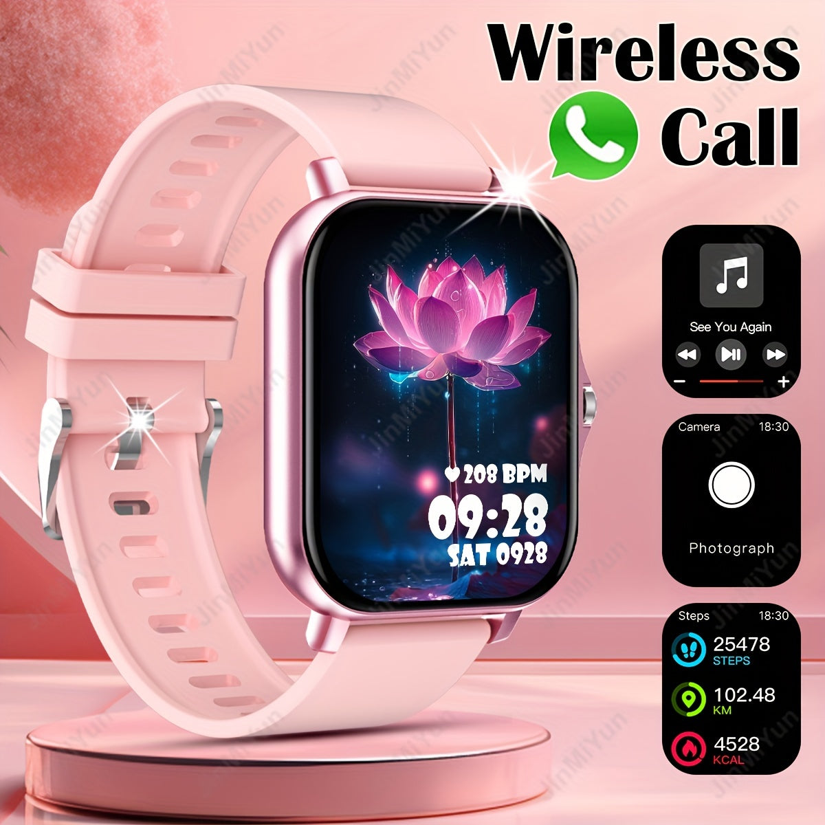 4.65cm Full Touch Screen Smartwatch in Pink for Men & Women - Features Wireless 5.0, Multi-Sport Modes, Wireless Calling, Music Control, Weather Forecast, & Monitoring. Compatible with